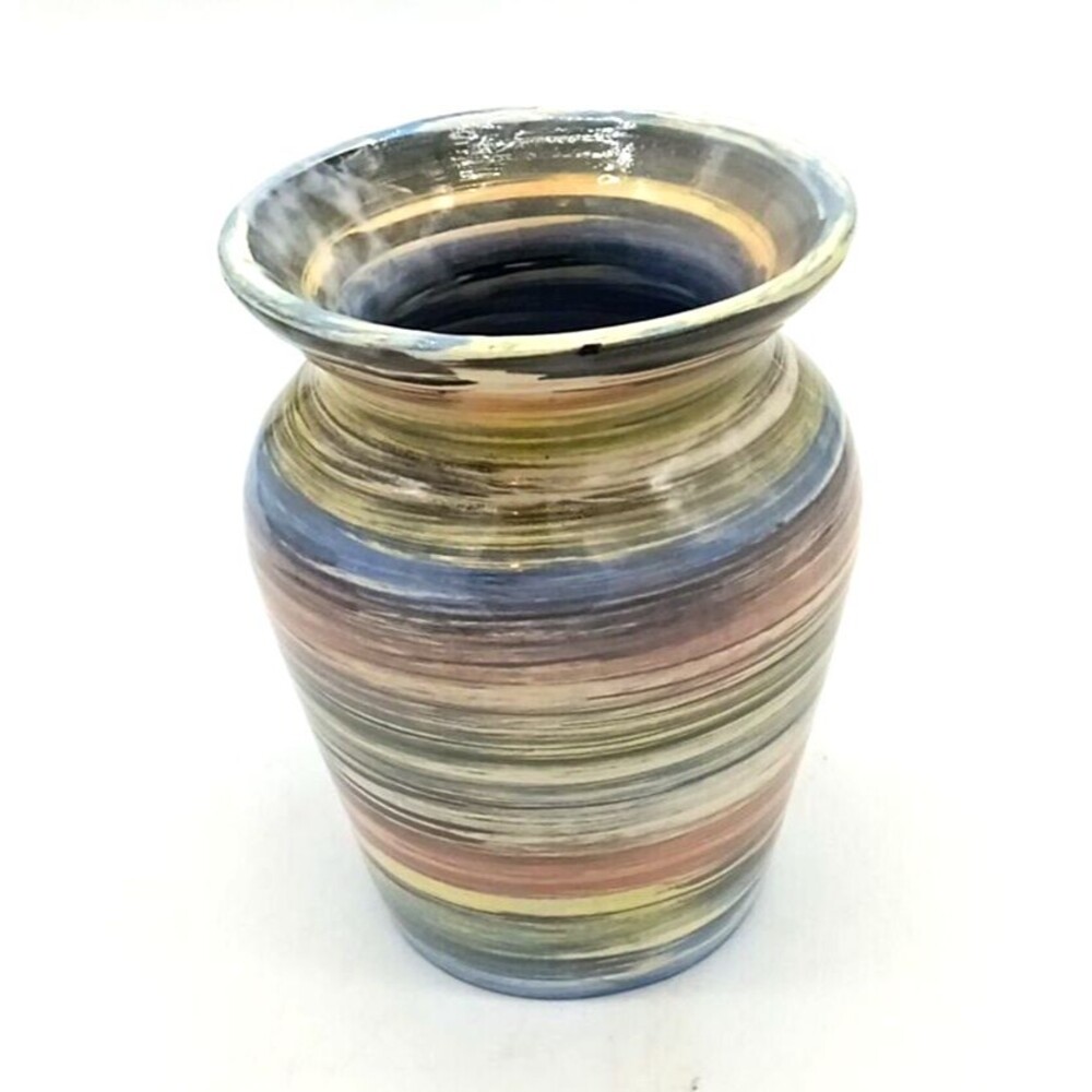 1998 Handcrafted Art Pottery  Multicolored Stripe Patterned Vase Signed Lucy